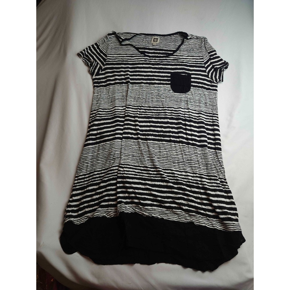 Anne Klein Shift Dress Womens Large Black Stripe Short Sleeve V-Neck Knee Length